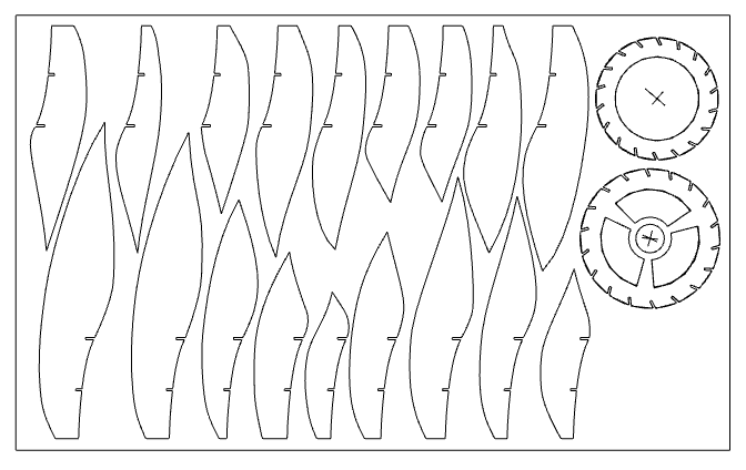 Inkscape]] est le suivant :
  * - Création d'un modèle en plan dans Sketchup (vue orthogonale sans perspective)
  * - Ouverture du modèle dans Layout (le logiciel de mise en page de Sketchup)
  * - Mise à l'échelle, affichage vectoriel
  * - Exportation en PDF
  * - Ouverture dans Illustrator
  * - Vérification des dimensions, des vecteurs, etc.
  * - Mise en couleur des vecteurs en vue de la [[:machines:decoupe_laser|découpe laser]]
  * - Exportation en SVG
  * - Importation dans [[:logiciels:inkscape|Inkscape]]
  * - Vérification des dimensions, des couleurs, etc.
  * - Exportation par le biais de l'extension créé par le FabLab

Le passage par Illustrator est optionnel, mais je connais très bien ce logiciel et je préfère donc fignoler le modèle de découpe dans Illustrator et n'utiliser [[:logiciels:inkscape|Inkscape]] que pour les dernières étapes.

Lorsque je serai plus à l'aise avec [[:logiciels:inkscape|Inkscape]] il est probable que je simplifie mon flux de travail.

La découpe du [[:materiaux:medium|medium]] 3mm n'a posé aucun problème.

===== Difficultés rencontrées =====

Je n'ai pas été satisfait du premier modèle.
La lampe était un peu trop large et les pièces avaient une peu de jeu, ce qui rendait l'assemblage un peu difficile (les pièces tombaient au fur et à mesure de l'assemblage) et le modèle final un peu instable s'il était manipulé.

Je ne voulais pas tout redessiner et découper.

J'ai donc travaillé sur les deux disques qui maintiennent les segments verticaux.
J'ai réduit les rayons des cercles en faisant attention à ce que les segments verticaux ne rentrent pas en contact et que l'espace pour l'ampoule était toujours disponible.
{{:projets:lampe_en_medium_-_decoupe_laser:lampesketchup4.png?200|